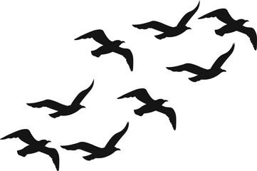 Flying birds silhouette flock. hand drawing. Not AI, Vector illustration