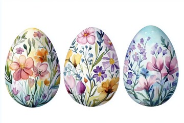Hand drawn watercolor decorated Easter eggs with blossoming flowers and plants. Springtime floral colored eggs in pastel colors isolated on white background. Raster.