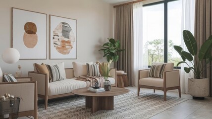 Modern Living Room Interior with Art and Greenery. Experience a serene modern living room featuring stylish furniture, vibrant art, and lush plants for a cozy atmosphere.