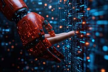 Robotic hand interaction with data interface futuristic environment digital art high-tech perspective innovation concept