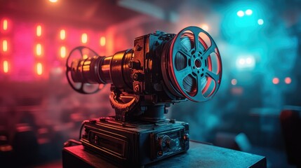 Fototapeta premium A vintage film projector sits in a dimly lit space, highlighting its nostalgic design and purpose.