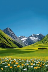 Obraz premium Mountain valley with radiant green pastures and colorful flowers