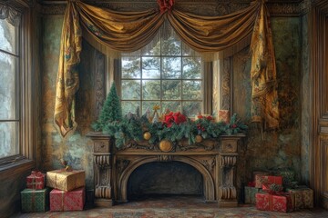 Obraz premium Festive holiday decor elegant living room interior design cozy atmosphere warm lighting traditional style