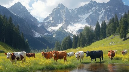 Obraz premium Alpine scenery with cows grazing in a meadow