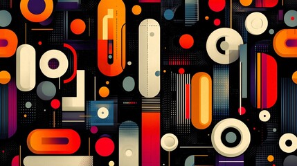 Vibrant pattern featuring repeating geometric shapes in diverse colors and forms