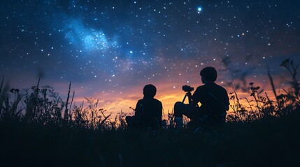 Two young boys admire a starry sky at dusk, one photographing the celestial view.