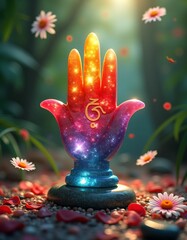 Fototapeta premium hamsa symbol on marble, red yellow green blue yellow white purple blue colors, lights and rays, three-dimensional and vivid, cube-shaped colorful agate stones, background rainforest, daisy flower peta