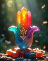 Fototapeta premium hamsa symbol on marble, red yellow green blue yellow white purple blue colors, lights and rays, three-dimensional and vivid, cube-shaped colorful agate stones, background rainforest, daisy flower peta