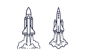 Rocket launching vector silhouette line art illustration white background