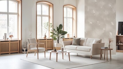 Fototapeta premium Modern Minimalist Living Room with Natural Light and Eco-Friendly Decor. Stylish and airy living room featuring a neutral color palette, modern furniture, and plenty of natural light.