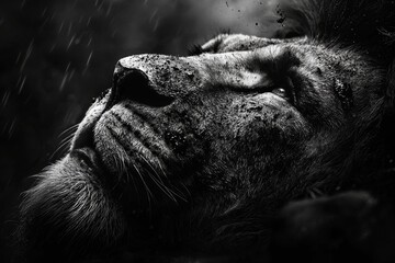 Intense black and white close-up of a lion's face with dirt and rain, highlighting raw power and resilience