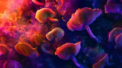 Close-up of vibrant psychedelic mushrooms in colorful cosmic environment