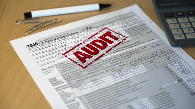 A standard US 1040 tax form application gets stamped AUDIT. Data on form is fictional.  	