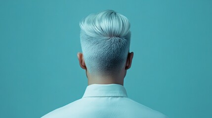 Rear view of man with platinum blonde hair.