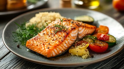 A healthy meal on a plate with grilled salmon, steamed vegetables, and a side of quinoa, accompanied by a small bottle of heart-healthy oil 