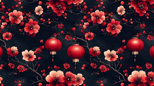 A black and red pattern featuring flowers and lanterns, designed as a looped background for Chinese New Year celebrations