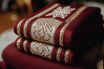 Fototapeta premium Holiday decor action elegant red and gold towels home setting textile content cozy environment close-up viewpoint