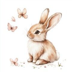 Fototapeta premium Watercolor baby bunny. Vector illustration with hand drawn fluffy rabbit, easter bunny. Clip art.