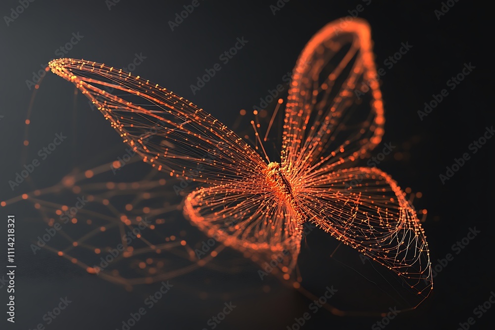 Poster abstract orange butterfly composed of glowing particles on a dark background.