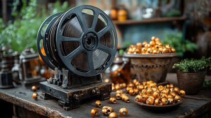 Obraz premium A vintage film reel on a rustic table surrounded by decorative golden beads and plants.
