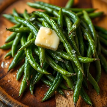 Cooked green beans on a timber plate drizzled with a nob of melting butter. Macro photography