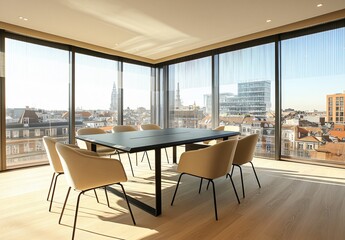 A warm-toned office with a city skyline view, featuring a conference room with a meeting table, blank whiteboard, and a focus on development planning, teamwork, and business financial strategies.