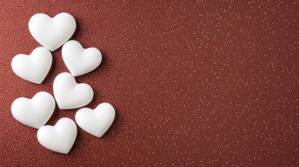 Fototapeta premium Heart-shaped candies are arranged on a red glittery background, enhancing the Valentine's Day mood and charm of the setting