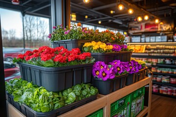 Vibrant flower display in garden store indoor environment colorful plant arrangement urban setting nature concept