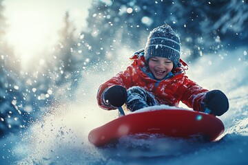 Happy child sledding down a snowy slope in winter gear under a sunny blue sky, surrounded by sparkling snowflakes