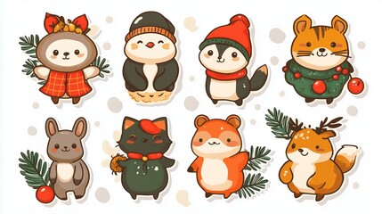 Obraz premium A collection of cute cartoon animals wearing winter clothing. The animals include a penguin, a cat, a rabbit, a fox, a bear, a squirrel, a deer, and a bird. They are all smiling