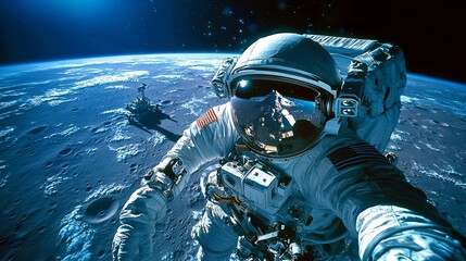 Astronaut selfie on the Moon with Earth in the background, showcasing detailed spacesuit and lunar surface exploration equipment
