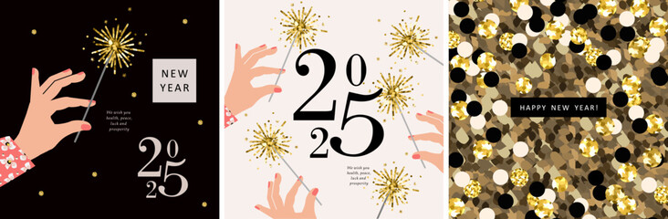 Happy New Year! 2025. Vector modern stylish illustration of number 2025, hand with sparkler, golden pattern with sequins for greeting card, invitation, background or poster