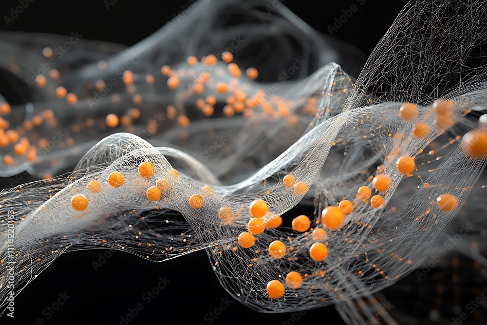 Poster abstract orange spheres in a flowing, translucent net against a black background.