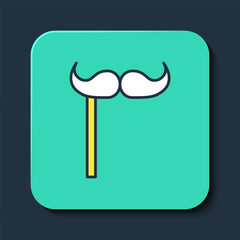 Filled outline Paper mustache on stick icon isolated on blue background. Concept with cardboard carnival mask. Mask for a photo shoot. Turquoise square button. Vector