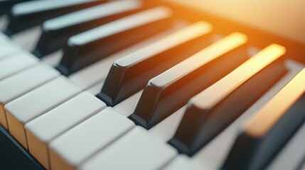 3D Rendering Register Concept, Close-Up of Piano Keys with Light Reflections Creating a Warm and Inviting Atmosphere