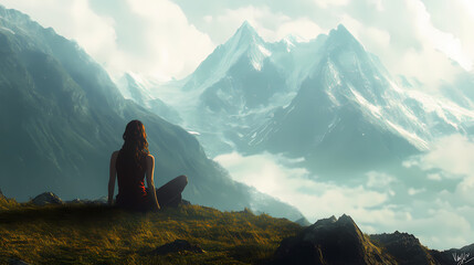 Fototapeta premium She appreciated the solitude of the mountains, feeling at one with nature. Solitude. Illustration