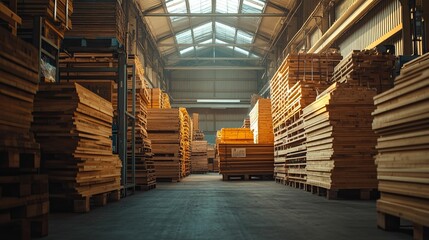 Obraz premium Wooden Lumber Stacked High In A Warehouse