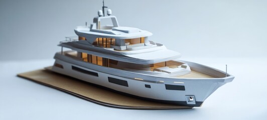 Luxurious white yacht model on display, showcasing its sleek design and spacious interior.