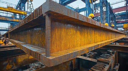 A detailed shot of an e-crane with a massive load of steel beams being lifted and positioned into place for a new bridge construction, with workers providing precise instructions as the crane moves th