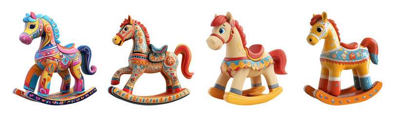 Colorful Wooden Rocking Horses on Transparent Background