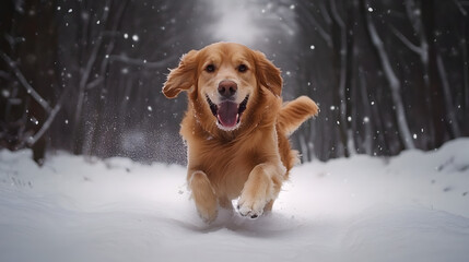 Fr&ouml;hlicher Golden Retriever rennt durch den Schnee, Winterspa&szlig;