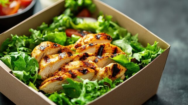 An open Styrofoam box revealing a grilled chicken salad with fresh greens and dressing