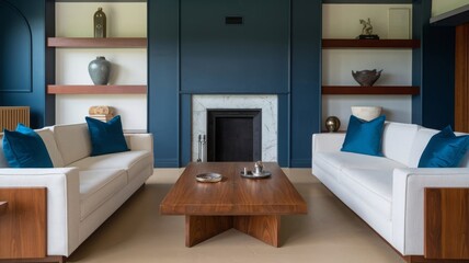 Modern Living Room with Elegant Decor and Cozy Fireplace. Stylish modern living room featuring two sofas, a wooden coffee table, and tasteful decor elements, perfect for stock photography.