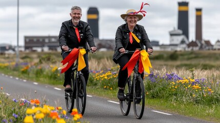 Naklejka premium Happy retirees cycling together in scenic landscape embracing senior lifestyle balance and joyful moments outdoors