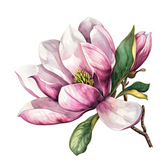 Naklejka premium Magnolia flower isolated on white background, old botanical watercolor illustration. Magnolia illustration, spring flower branch