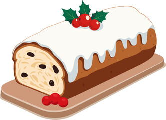 Christmas stollen vector illustration. Cartoon isolated German sweet fruit cake on plate, Christmas fruitcake dessert with sugar glaze, nuts and raisins, holly berry branch