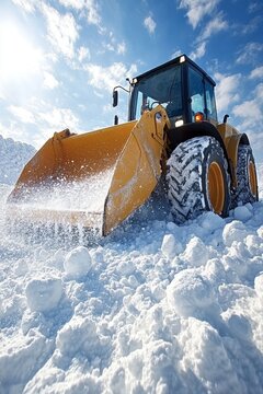 Heavy Duty Loader Clearing Snow. Winter Road Maintenance, Snow Removal Equipment in Snowy Landscape.
