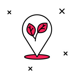 Filled outline Location pin with leaf inside icon isolated on white background. Leaves sign. Fresh natural product symbol. Vector