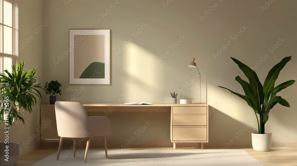 Poster A calming office space with a motivational message in simple, stylish font over a neutral background.