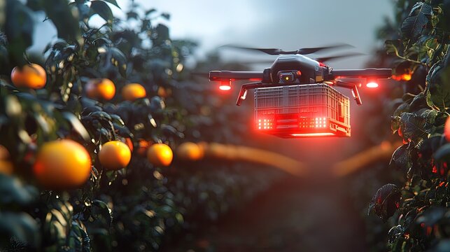 Drone delivering goods in an orange orchard at sunset.